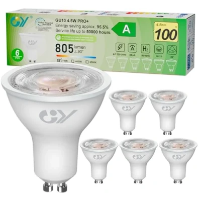 Immagine di GY Lampadina LED GU10, 4.5W Equivalenti a 100 Watt Alogeni, 805 Lumen, 2700K Bianco Caldo, Attacco GU10 Lampada Faretto 36, Lunga Durata e Basso Consumo, 6 Pezzi