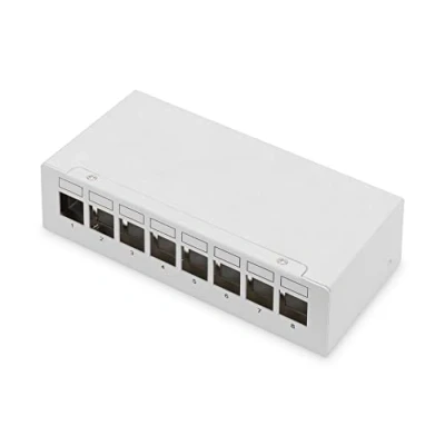 Immagine di DIGITUS Pannello Patch modulare da Tavolo 8 Porte Schermato Montaggio o a Parete Gestione dei Cavi Integrata di distribuzione con modulo Keystone Grigio Chiaro