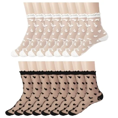 Immagine di UILYNIU 8 Paia Calzini Estivi, Trasparente Calzino Ultrasottile, Trasparenti da Donna, Calze a Rete Alla Caviglia, Velati con Volant, Rete, Elastiche (Nero, Bianco)