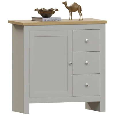 Immagine di Vida Designs Credenza Arlington 3 Drawer 1 Porta, Legno Ingegnerizzato, Grigio &amp; Quercia, H 80 x W 79 D 35 cm, Piano in truciolare, MDF e melammina, cm Circa
