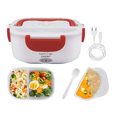 Immagine di BEPER Scaldavivande Elettrico Portatile, 2 Contenitori Removibili, Piastra Riscaldante in Acciaio, Posate di Plastica Dotazione, 220V Rosso