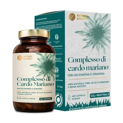 Immagine di Nature Basics® capsule di cardo mariano ad alto dosaggio certificato e in barattolo 180 con 80% silimarina 2,5% cinarina testate laboratorio, senza additivi CO2 neutro
