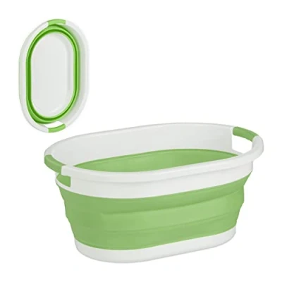 Immagine di Relaxdays Cesto Portabiancheria Pieghevole, 24 Litri, Contenitore Salvaspazio in Plastica con Impugnature, Verde Bianco, 70% 30%