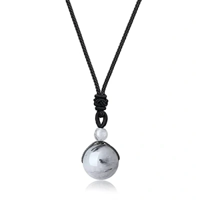 Immagine di COAI Pendente Sfera in Quarzo Rutilato, Collana Unisex Bilanciamento Reiki Pietre Mala con Laccio Regolabile