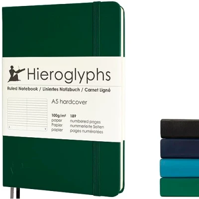 Immagine di Hieroglyphs Taccuino A5 con copertina rigida, 189 pagine numerate, 3 colori, registro organizzativo, tasca, chiusura elastica, 2 segnalibri, verde