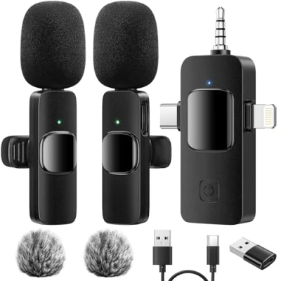Immagine di GlasFlength Microfono Wireless per IOS Android Fotocamera Laptop e PC, 3 in 1 Lavalier Plug &amp; Play Mini Microfoni Professionali Riduzione del Rumore Registrazione Video Tik tok