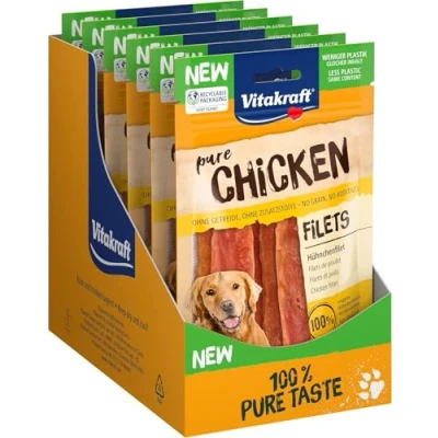 Immagine di Vitakraft Pure Chicken, succulenti filetti di pollo, leccornia per cane con carne magra in sacchetto richiudibile, senza l&#039;aggiunta zuccheri o cereali (10x 80g)