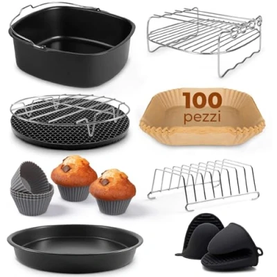 Immagine di Fentic Accessori Friggitrice ad Aria XL e XXL ⌀ 20cm Fino a per Philips XXL, COSORI 5.5L, Cecotec, Tefal Compresa Carta Forno (100 pezzi) Set da 10 Pezzi