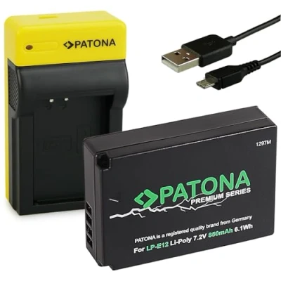 Immagine di PATONA Premium Batteria LP E12 con Slim Caricatore, Caricabatterie Compatto e Leggero, Compatibile Canon LPE12, E12, EOS 100D, M2, M10, M50, Rebel SL1