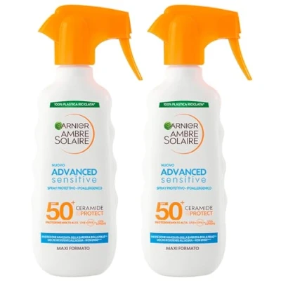 Immagine di Garnier Ambre Solaire Advanced Sensitive Spray Solare SPF 50+ Protezione Molto Alta Pelli Sensibili Ipoallergenico Resistente all&#039;Acqua con Ceramidi Ripristina Barriera Cutanea 2 flaconi da 270ml