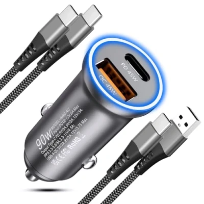 Immagine di 90W Caricatore Auto USB C,Caricabatterie [PD45W &amp; QC45W] Adattatore Presa Accendisigari C Carica Batteria per Cellulare con Cavi iPhone 16 15 Pro Max,Samsung Galaxy S25 S24 S23