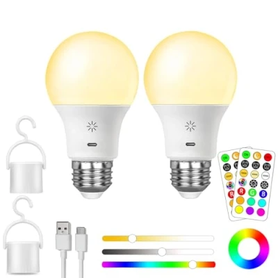 Immagine di lampadina ricaricabile USB C con telecomando, intelligente RGB E27, 9+3 temperature di colore, lampada da 8 W LED dimmerabile touch control funzione timer, 2600 mAh, A19, gancio,