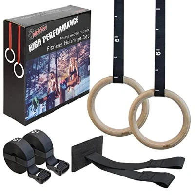 Immagine di ALPIDEX Anelli Ginnastica Legno aneli Palestra Fitness ginnici in Inclusi ancoraggi per Porta e Cinghie di Fissaggio con marcatura della Lunghezza