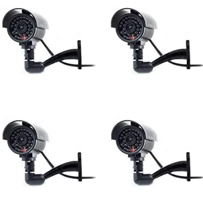 Immagine di Digicharge Telecamera di sicurezza finta con LED illuminati, effetto realistico CCTV Camera, per interni ed esterni, impermeabile + adesivo avvertimento confezione da 4 pezzi