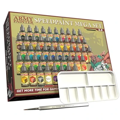 Immagine di The Army Painter Speedpaint Mega Set 2.0 Combo 50 Flaconi Di Vernice Acrilica 18ml Per Modellismo Incl. 1 Tavolozza Colori E 2 Pennelli Pittura Dell&#039;esercito: Basecoat Pennello