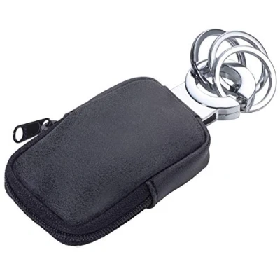 Immagine di Portachiavi con taschino per monete, maschera, ecc, rivestimento antibatterico, uccide il 99,9% dei batteri superficiali, chiusura lampo, 3 anelli, in finta pelle nera, KR21 77/DG