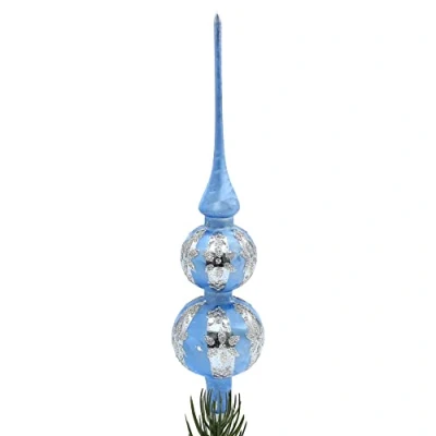 Immagine di Dekohelden24 Lauschaer Punta decorativa per albero di Natale, con glitter, colore argento, fiore, lunghezza ca. 30 cm, colore: Azzurro