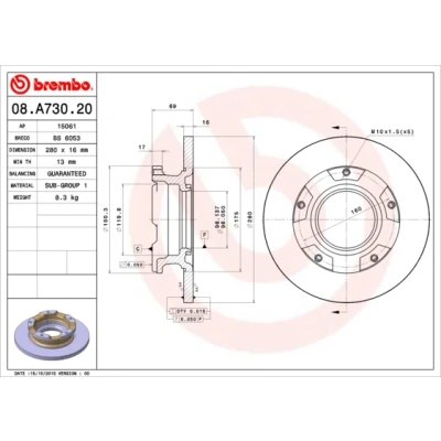 Immagine di BREMBO 08.A730.20 Disco freno 280 16 5 pieno con anello sensore ABS FORD: Transit Mk6 Van, Camion pianale/Telaio, Bus