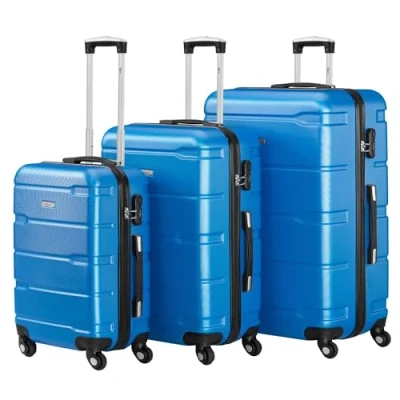 Immagine di set di valigie Zelsius 3 pezzi, blu valigia rigida in ABS con chiusura a combinazione, Ruote doppie e divisorio interno mano, rigide trolley, grande