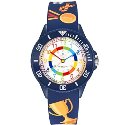Immagine di Alienwork Calcio Ragazzi Orologio di Apprendimento bambini Ragazze Blu Marino Bracciale in Silicone Multicolore Impermeabile 5 ATM Tempo