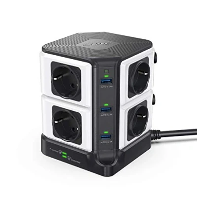 Immagine di BESTEK Multipresa Ciabatta Elettrica con 8 Prese Schuko e 6 Porte USB, Verticale Interruttori Indipendenti(1500J Surge Protezione, 3600W/16A, Cavo 3m) Nero