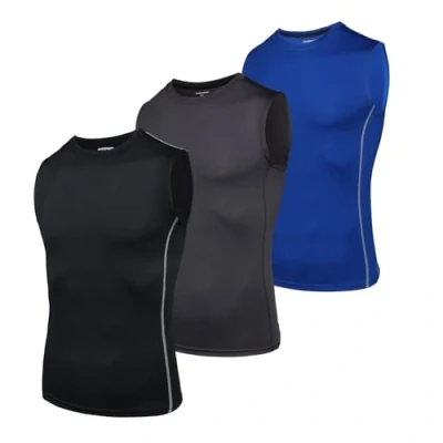 Immagine di AMZSPORT Canotta Compressione da Uomo Sport Senza Maniche Base Layer Asciugatura Rapida Top Nero Grigio Blu (Confezione 3) XL