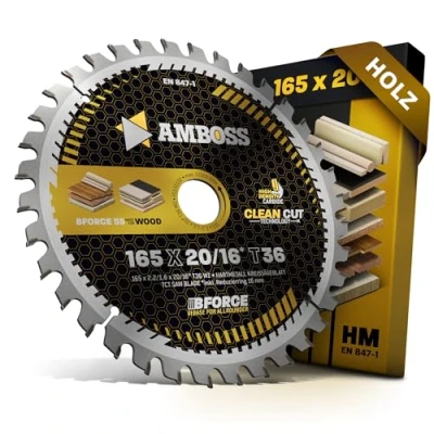 Immagine di AMBOSS WERKZEUGE® lama per sega circolare 165 x 20 16 Z36, denti alternati legno, taglio fine, mm + anello riduttore mm. compatibile con Metabo KS1157S.