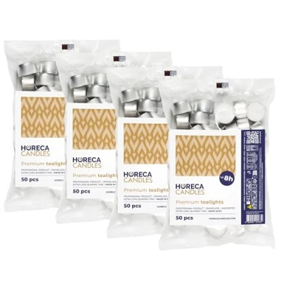 Immagine di Horeca Candles 200 Lumini Tealight Premium Durata 8 ore di Combustione Set da Pezzi Tè Luci Candele Bianche Non profumate