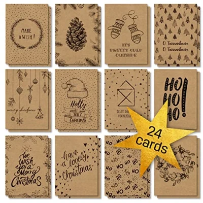 Immagine di SIGEL DS700 Set di 24 cartoline Natale, 12 motivi, in carta kraft certificata PEFC, con insription, facile da stampare