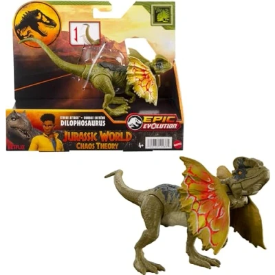 Immagine di Mattel Jurassic World Strike Attack Dinosauro giocattolo con azione a colpo singolo e articolazioni mobili, action figure Dilophosaurus include gioco digitale