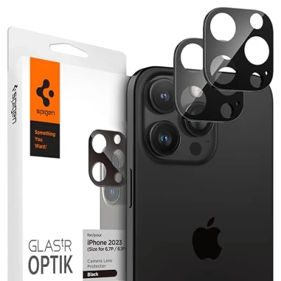 Immagine di Spigen Glas.tR Optik Protezione Fotocamera compatibile con iPhone 16 Pro/Pro Max, 15 14 2 Pezzi, Nero, Resistente ai Graffi, Durezza 9H Pellicola prottetiva