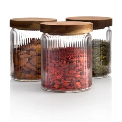 Immagine di Mason &amp; Fable Set di 3 barattoli in vetro scanalato con coperchio legno, 798,5 ml, contenitori ermetici scanalati per pasta, caffè, caramelle, dolcetti cani, snack,