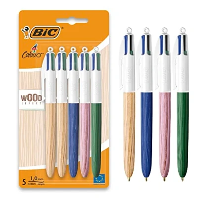 Immagine di BIC 4 Colori Wood Effect, Penne Multicolore, Set di 5 a Sfera con Fusti Effetto Legno, Cancelleria Scuola e Università