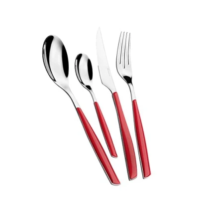 Immagine di BUGATTI, Glamour, Set Posate 24 Pezzi in Acciaio Inox 18/10 e Manico Colore Rosso. 6 Persone Composto da cucchiai, forchette, coltelli cucchiaini caffè