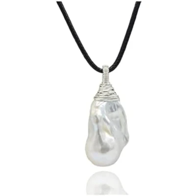 Immagine di Ciondolo Da Donna In Argento Sterling Con Perla Barocca Bianca Grande A Forma Di Goccia Collana Corda Pelle Perla,Picturesque234
