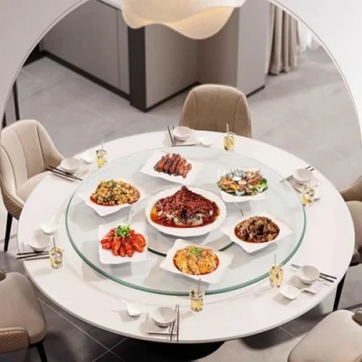 Immagine di Grande tavolo da pranzo rotondo Lazy Susan girevole vassoio trasparente con cuscinetto silenzioso centrotavola 60/70/80/90/100cm piatto portata in vetro temperato