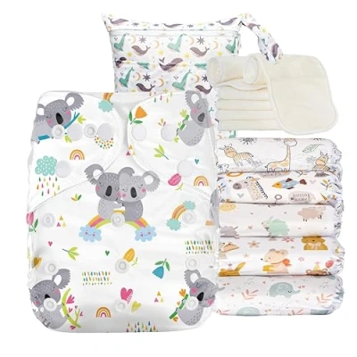 Immagine di Kolo Set di 6 Pannolini lavabili riutilizzabili per bambini e neonati + inserti assorbenti in bambù 1 borsa Wetbag. Taglia regolabile, unisex 100% Ecologici. Fantasia WhiteEssence