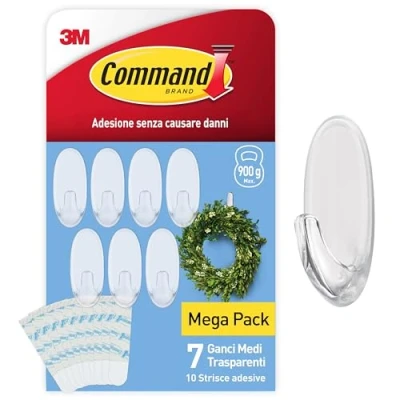 Immagine di Command Ganci Medi Trasparenti Adesivi per Decorazioni Interne, 7 e 10 Strisce Decora Senza Forare, Danneggiare il Muro o Lasciare Residui Appiccosi, Tenuta: 900g