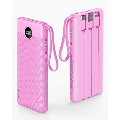 Immagine di VRURC Power bank 10000mAh, PowerBank con display LED sottile, 5 uscite 2 ingressi Batteria, cavi Micro e USB C integrati per telefono compatibile iPhone, Samsung, Android Viola
