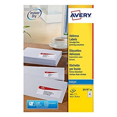 Immagine di Avery Etichette autoadesive (24 per foglio) 63,5 x 33,9 mm Stampa a Getto d&#039;Inchiostro, Bianco, j8159 Imballaggio: 40 fogli bianco