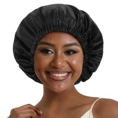 Immagine di Hat Hut Cuffia Seta Capelli Notte per Ricci, Berretto da Raso, Involucro di Dormire Donna Uomo, Regolabile Reversibile (Nero/Nero, Taglia Unica)