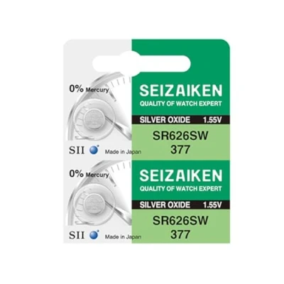 Immagine di Seizaiken Seiko 377 SR626SW Batteria per orologio all&#039;ossido di argento, 1,55 V, 0% Hg, 2 batterie, prodotta in Giappone