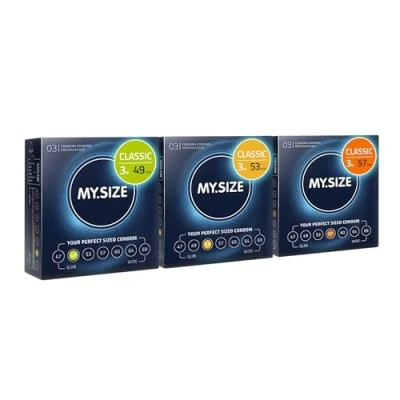Immagine di MY.SIZE preservativi classici confezione di prova da 3 I 49, 53, 57 mm larghezza 3x3 pezzi premium extra sottili fedeli al tatto 0,07 spessore della parete