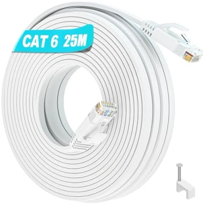 Immagine di Cavo Ethernet 25 Metri, LAN Cat 6 Alta Velocità di Rete Gigabit 1000Mbps Internet, 25m Lungo Wlan Piatto Bianco RJ45 Sottile Patch per Router Modem
