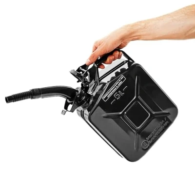 Immagine di BW© Tanica per carburante in metallo, 5 litri, con beccuccio, colore nero, RAL 9005, certificato TÜV e approvazione ONU, Made Europe