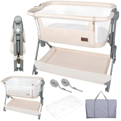 Immagine di Twinly culla Co Sleeping da affiancare COMFORTLY con materasso, Lettino Neonato Compatibile Diversi Letti, viaggio per bambini 6 mesi Altezza Regolabile,Inclinabile (Beige)