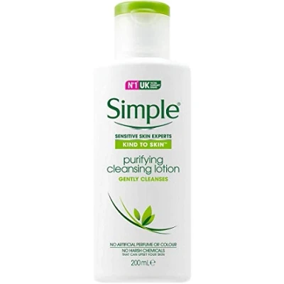 Immagine di Simple®, Kind to skin purifying cleansing lotion, lozione detergente dermopurificante delicata sulla pelle; confezione da 3 pezzi 200 ml ciascuno