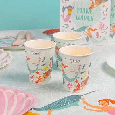 Immagine di Talking Tables Bicchieri di carta riciclabili ed ecologici per feste compleanno bambini, decorazioni colorate a tema sotto il mare o baby shower, confezione da 8 pezzi, WAVESCUP