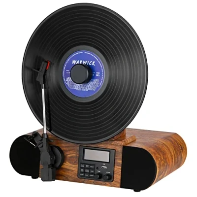 Immagine di giradischi verticale con altoparlante USB Bluetooth DAB+ radio telecomando impianto musicale retrò stereo vintage