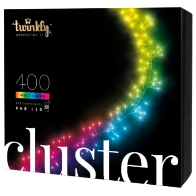 Immagine di Twinkly Cluster 400 LED RGB+Bianco, Striscia Densa di Luci Esterno e Interno, Smart Multicolore, Compatibile con HomeKit, Alexa Google Home, Gaming, IP44, Controllo App, Filo Nero, 6m